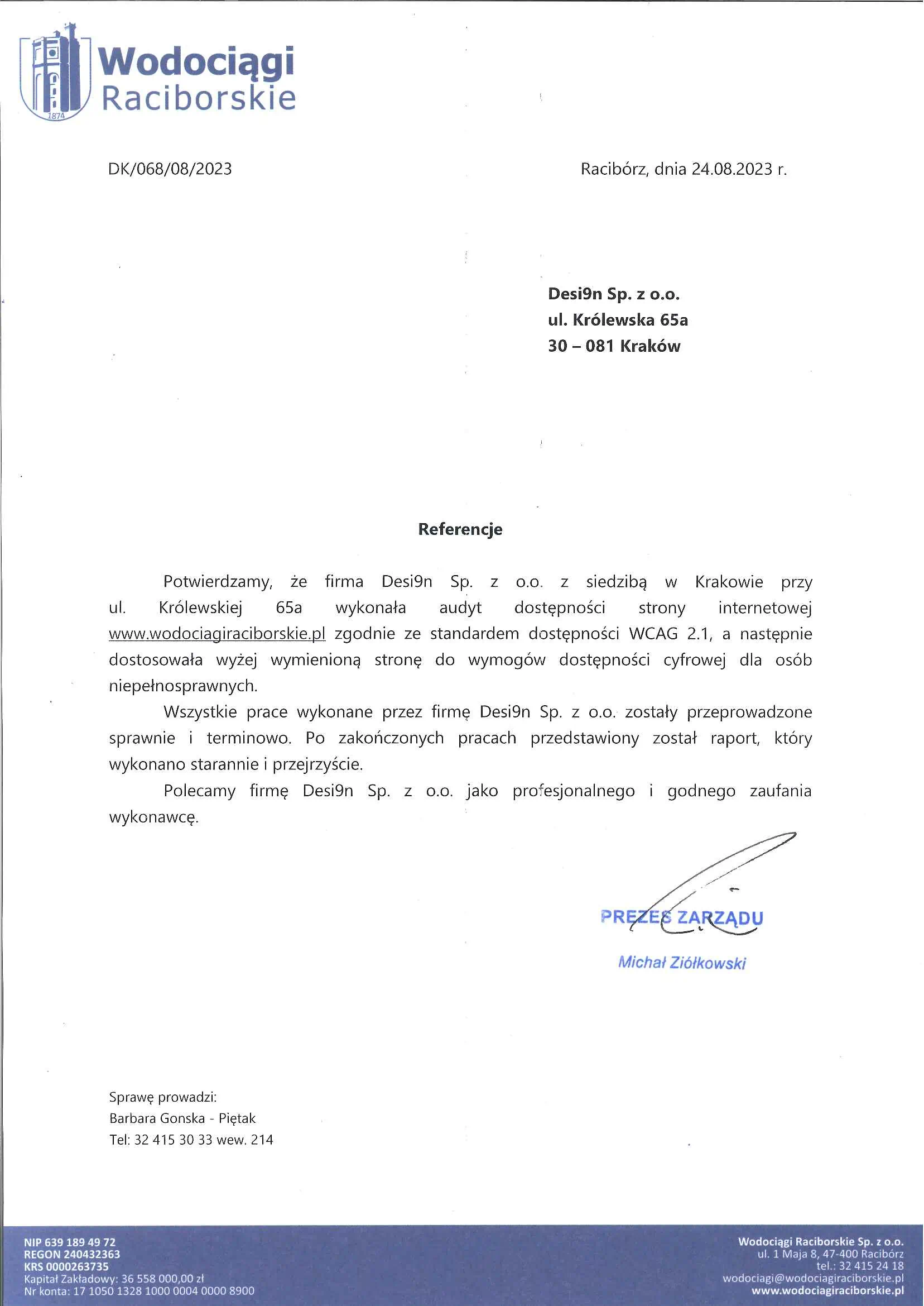 Referencje otrzymane od Wodociągi Raciborskie