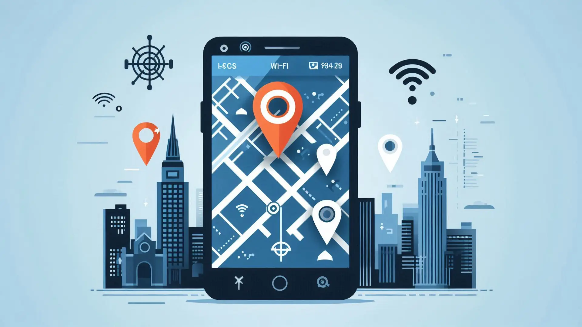 Smartfon z wyświetloną mapą, trasami i znacznikami lokalizacji, symbolizujący integrację map w aplikacjach