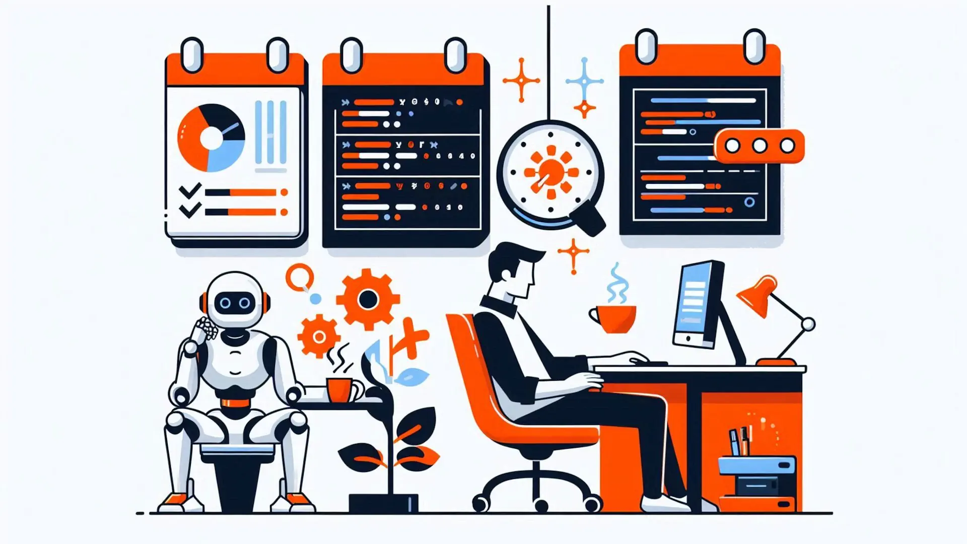 Cichy robot pracujący przy komputerze – symbol automatyzacji zadań dzięki CRON