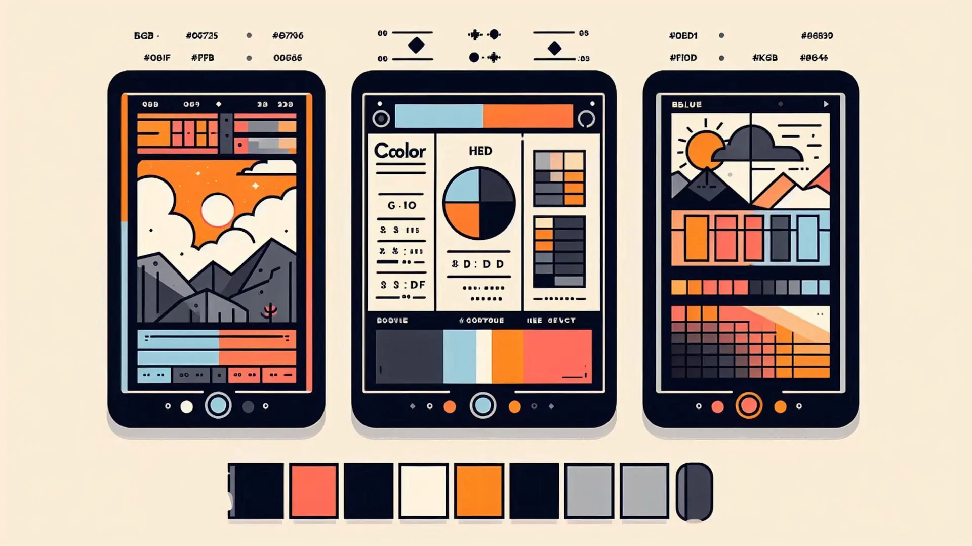 Ilustracja pokazująca porównanie formatów zapisu koloru: RGB, HEX, Pantone i przestrzeni barwnych takich jak sRGB i OKLCH