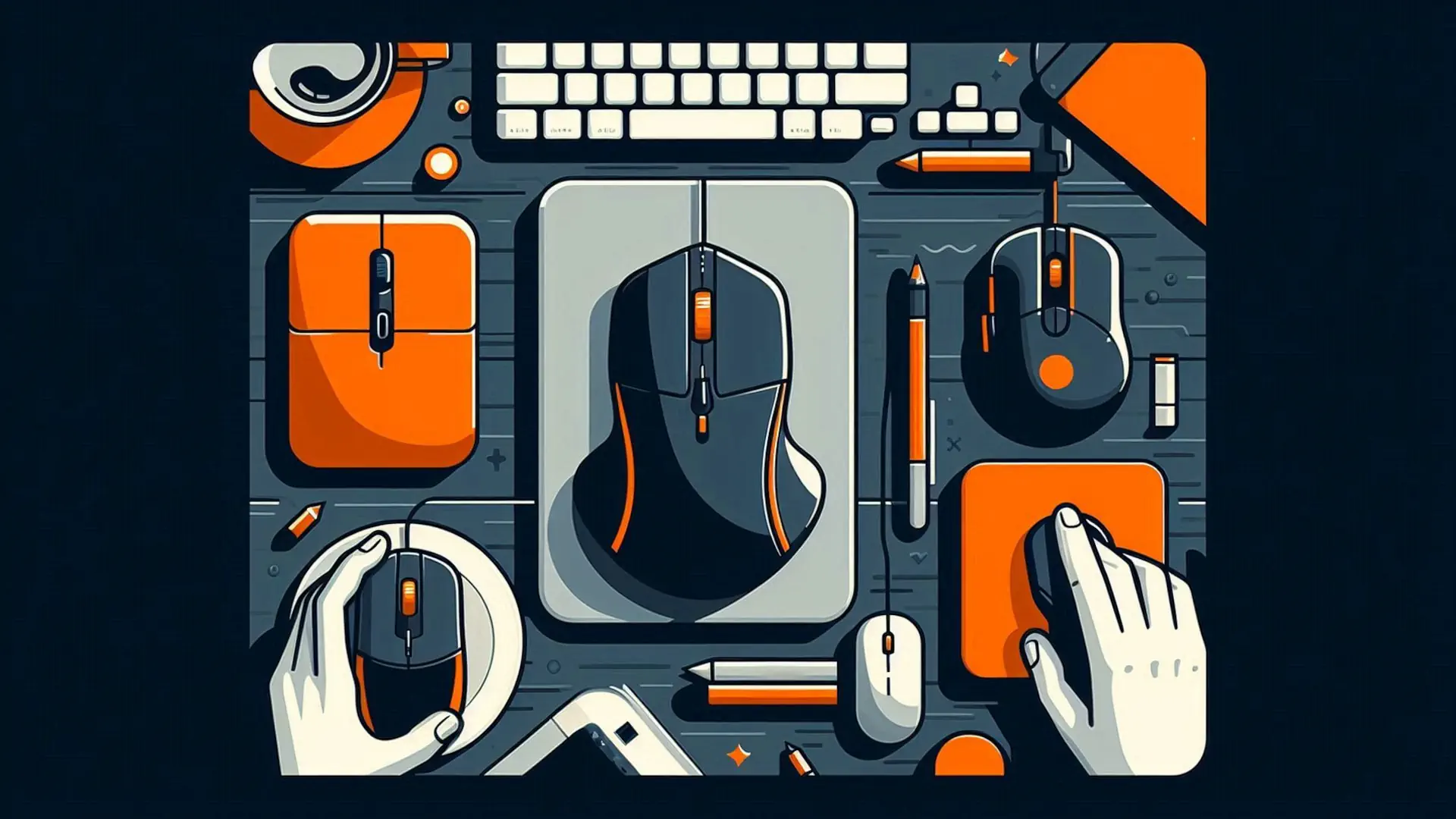 Różne rodzaje myszek komputerowych na biurku: ergonomiczna pionowa, biurowa i gamingowa