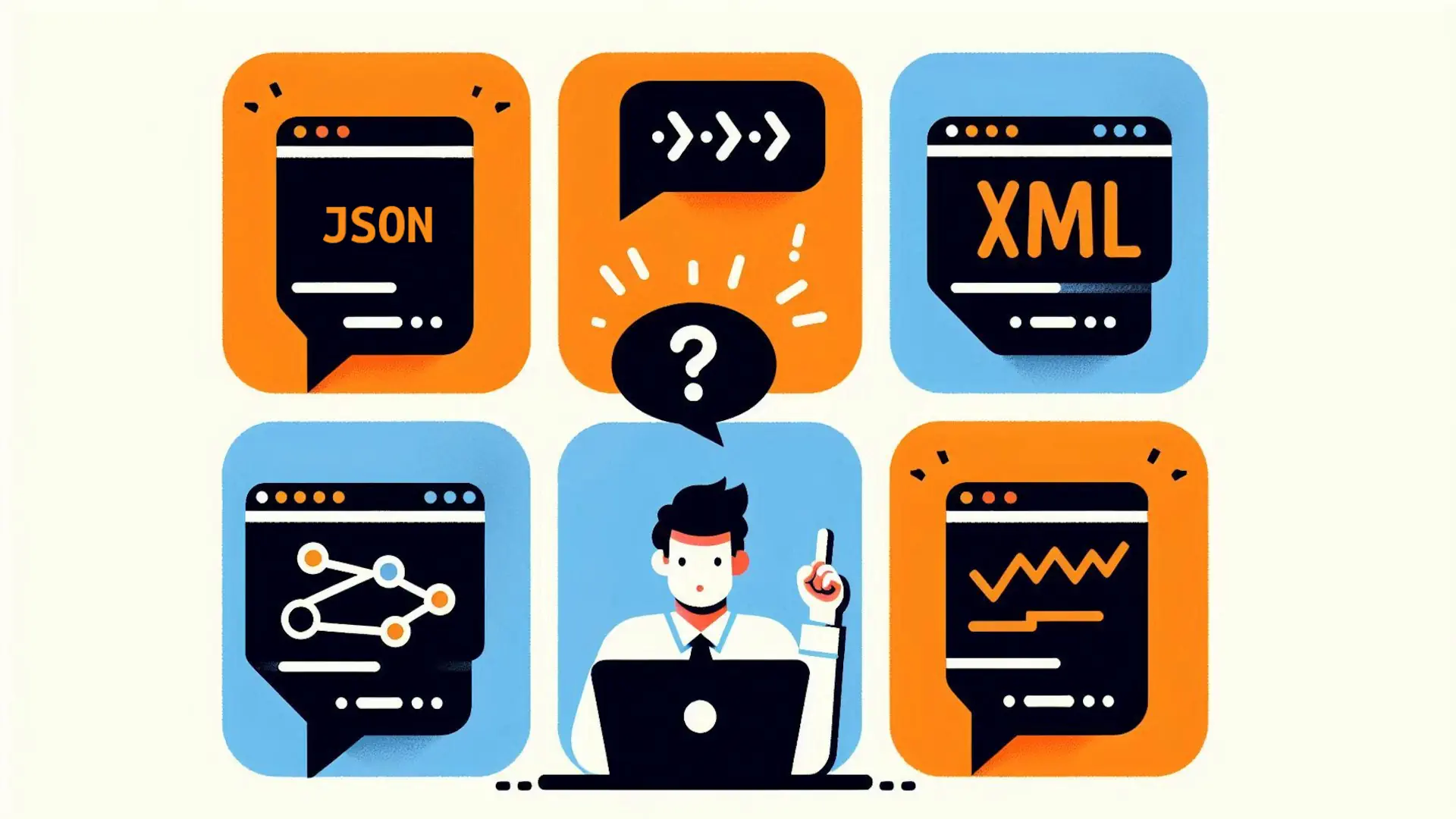 Ilustracja przedstawiająca wybór między formatami danych: JSON, XML, CSV i YAML na tle ekranu laptopa